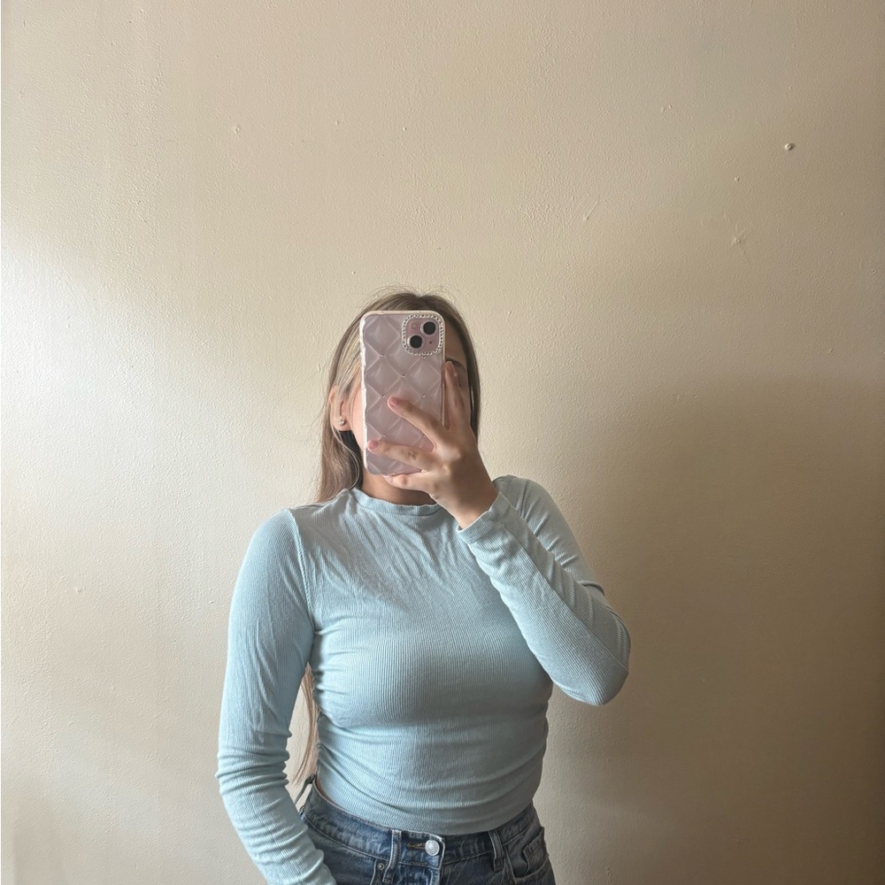 blue Side Rushed long  sleeve Top